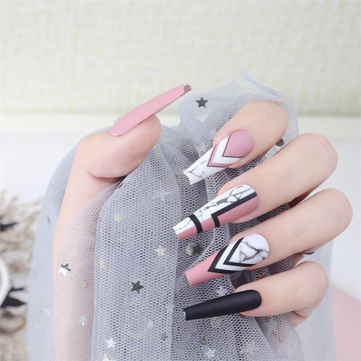 24pcs Marble Long Coffin Nails French Style for Fingers