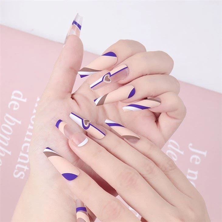 24pcs Long Wave Coffin Nails French Style for Finger Application