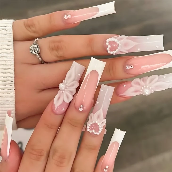 Heart Pearl Long Artificial Fingernails with Rhinestone Luxury Fake Nails
